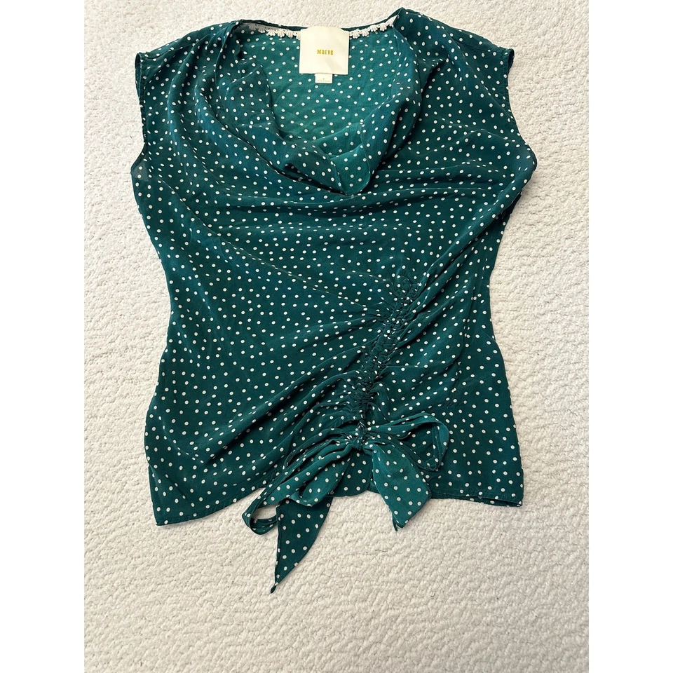 Anthropologie Maeve Green Polka Dot Draped Cowl Neck Cap Sleeve Blouse Size 6 - Image 1 of 4