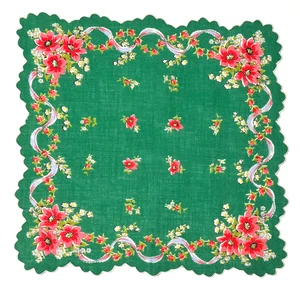 Vintage Taschentuch Taschentuch grüner Hintergrund Blumen Bänder gewellte Kanten 13" - Bild 1 von 9