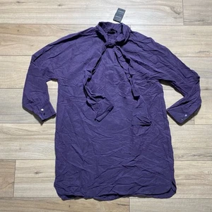 Club Monaco Women's Tie Neck Long Sleeve Dress Size 8 Purple Curved Hem - Picture 1 of 11