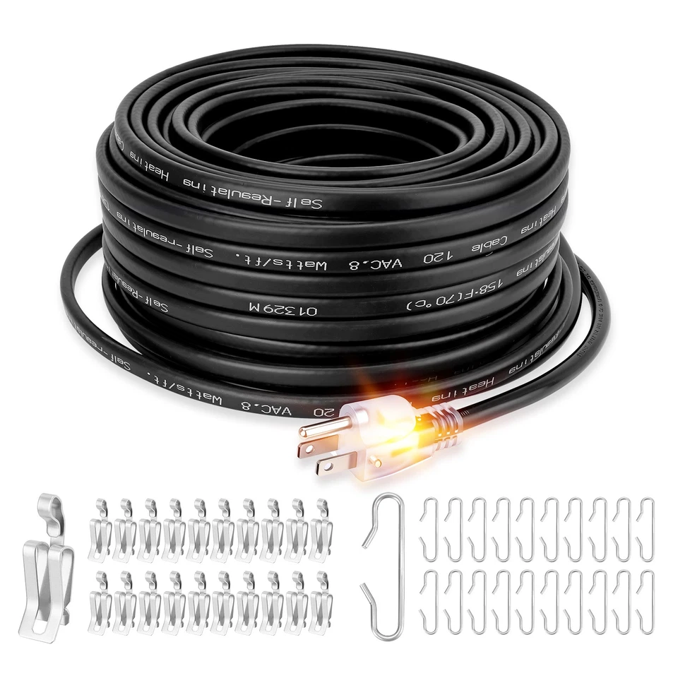 60FT Roof & Gutter Heat Cable 8W/FT Heat Tape for Roof and Gutters w/20PCS Clips - Image 1 of 4