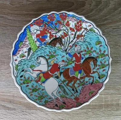 Vtg Kutahya Turkey Pottery Hand Painted Horses Playing Polo Design Plate - Image 1 of 4