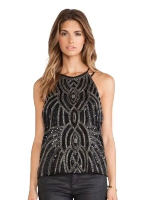 Parker Zane Fully Beaded Black Gold Sequin Silk Halter Tank Top Large Sparkle  - Image 1 of 4