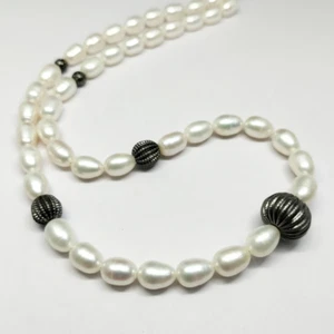 NATURAL FRESHWATER PEARL BEADED NECKLACE,PURE SILVER CARVED BEADS 18" STRAND - Picture 1 of 5