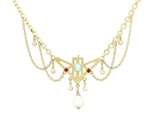 Antique Art Nouveau 0.32 ct Opal and Ruby, 9Carat Yellow Gold Necklace 1900s - Picture 1 of 10