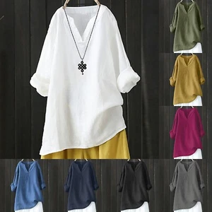 Plus Size Womens Cotton Linen Shirt Tops Ladies Long Sleeve Baggy Tunic Blouse - Picture 1 of 44