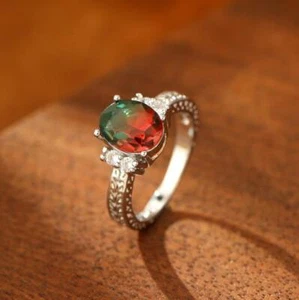 Multi Genuine Oval Cut Green Red Tourmaline Gemstone Silver Rings Size 6-10 Gift - Picture 1 of 4