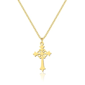 Solid 14K Gold Pattern Cross Necklace Women & Men Baptism Gift Crucifix Jewelry - Picture 1 of 7