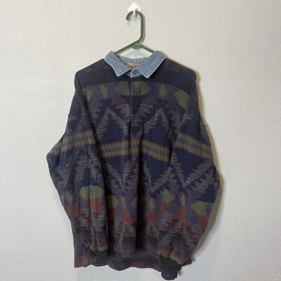 Guess Sport Aztec Denim Collared Sweater Size XL Men - Image 1 of 4