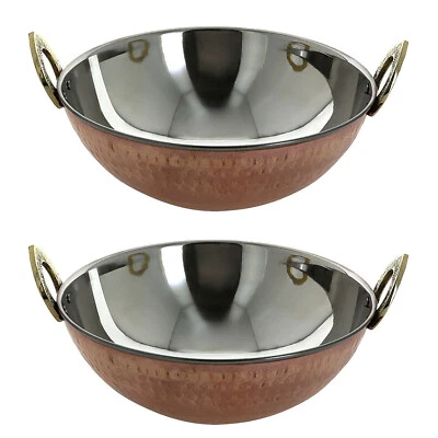 Serving Bowl Karahi Indian Recipe Serveware Hammered Copper Wok Karahi Set of 2 - Image 1 of 4