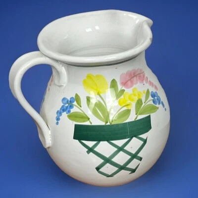 Italian Ceramic Pitcher White Floral Painted Bloomcore Jug Flower Vase Cottage - Image 1 of 4