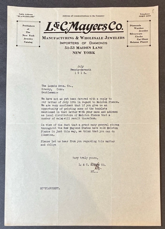 NUEVA YORK ~ L. & C. MAYERS Co., Joyeros de Fabricación ~ Membrete 1915 Foto 1 de 1