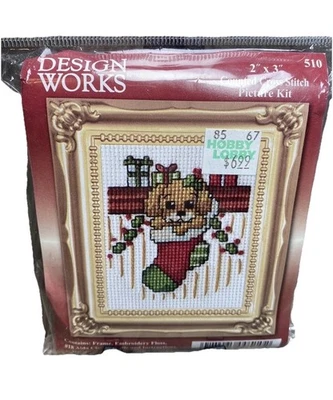 Design Works Counted Cross Stitch Picture Kit 2"x 3” Puppy In Stocking Mini#510 - Image 1 of 4