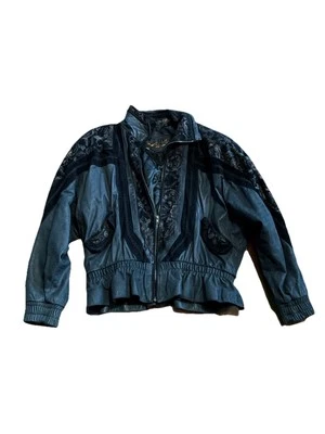 G-III Vintage Floral Patterned Leather Black Jacket Womens L - Image 1 of 4