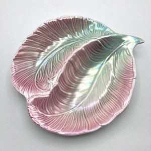 SylvaC Pottery Pink & Green Lustre Feather Leaf Nibbles Snack Dish - Picture 1 of 6