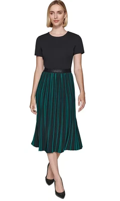 Karl Lagerfeld Pleated Color blocked Midi Dress - size Large - Green / Black - Image 1 of 4