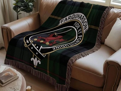 Farquharson Clan Crest Tartan Plaid Scottish Woven Blanket - Image 1 of 4