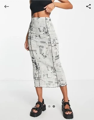 Topshop Women's Midi Slip Skirt. White/Black. Grunge. Newspaper Print. Size 10 - Image 1 of 4