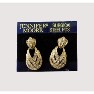 Vintage 1980s Jennifer Moore Pierced Drop Earrings Crystals Goldtone Elegant - Picture 1 of 6