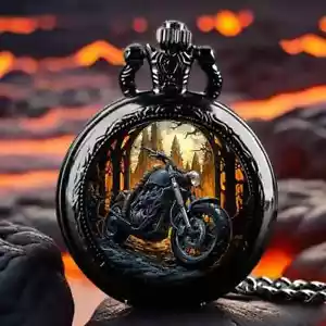 Vintage Style Black Motorcycle Pocket Watch Quartz Movement World-time Gift - Picture 1 of 8