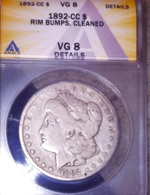 1892 CC  Morgan Silver Dollar,  VG8. Semi-Key Date. - Image 1 of 2