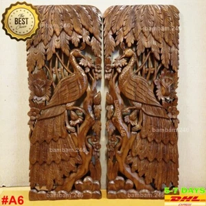 Pair of Lucky Peacock & Flower Wood Carving Panel Wall Decor Wall Art Hanging 14 - Picture 1 of 9