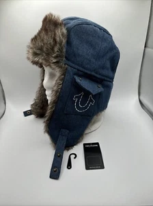 True Religion Trapper Hat Dark Blue Denim Faux Fur Horseshoe Pockets Chin Strap - Picture 1 of 6