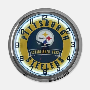 18" Pittsburgh Steelers Logo Metal Sign Designed White Neon Clock - SIGNBOX - Picture 1 of 10