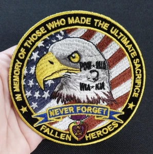 NEVER FORGET FALLEN HEROES Iron On Embroidered Veteran Military Biker Patch - Picture 1 of 6