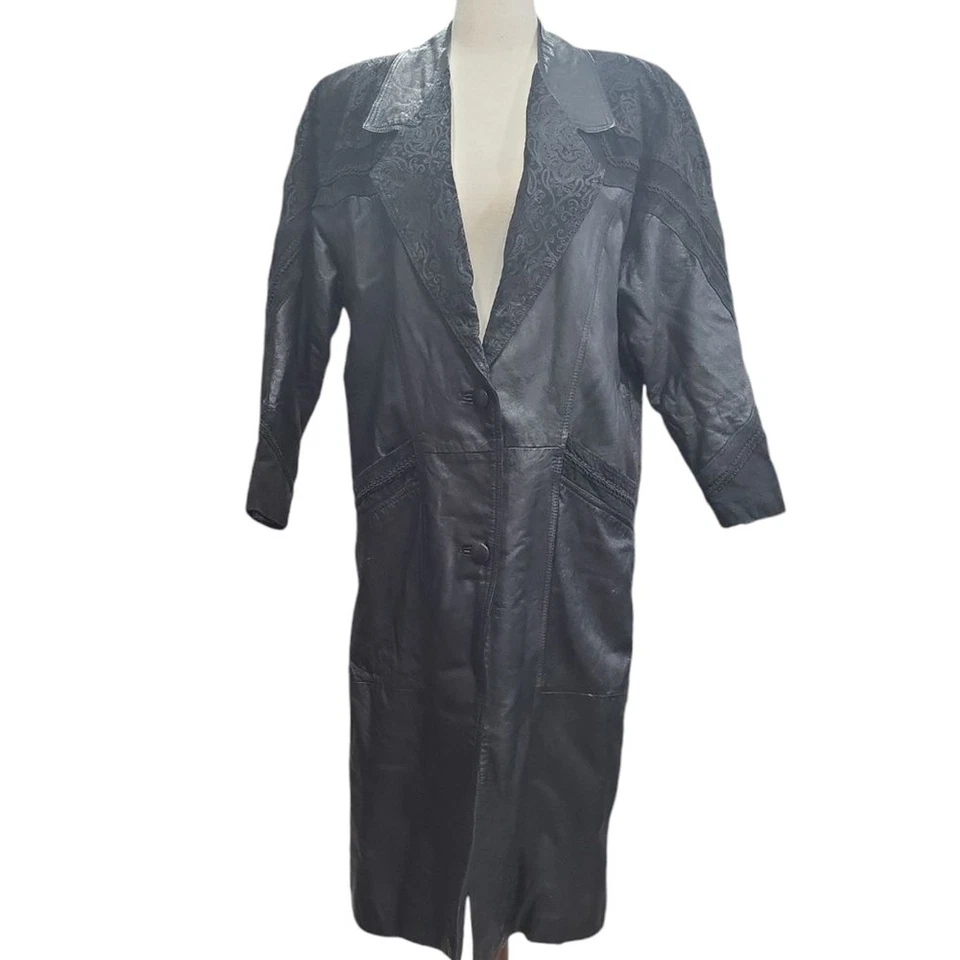 Vintage 1980s Leather Long Black Trench Coat Paisley Goth Cosplay Womens Size L - Image 1 of 4