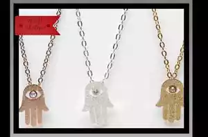 18k Gold Crystal CZ Hamsa Hand Stainless Steel Pendan Protection Dainty Necklace - Picture 1 of 9
