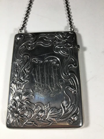 Antique Art Nouveau Styled Sterling Silver Card Case on Chain Cover