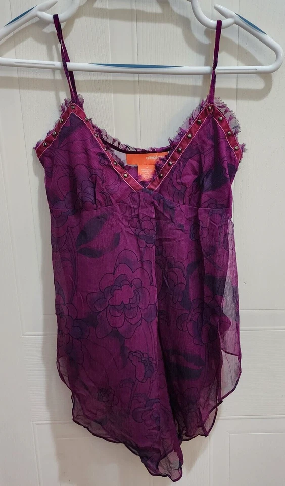 Blusa transparente fluida sin mangas Choice Calvin Klein púrpura floral 100 % seda talla M Foto 1 de 4