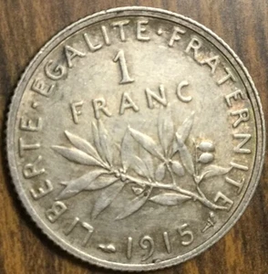 1915 FRANCE SILVER 1 FRANC COIN - Picture 1 of 2
