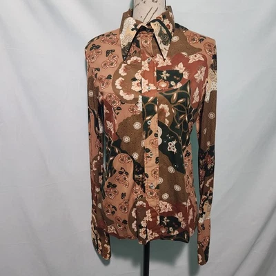 Vintage 70s JC Penny Salmon, Green, & Brown Floral Long-Sleeve Blouse. Size 18. - Image 1 of 4