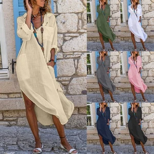 Womens Long Sleeve Kaftan Maxi Dress V Neck Pockets Baggy Casual Shirt Dresses - Picture 1 of 40