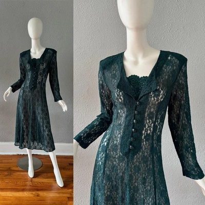 Vintage 90s Green Lace Whimsigoth Gypsy Long Sleeve Midi Dress M/L - Image 1 of 4