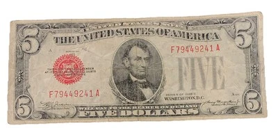 1928C-U S FIVE DOLLAR/OFF CENTERED RED SEAL /GAS PUMP(A) F-A Block - Image 1 of 4