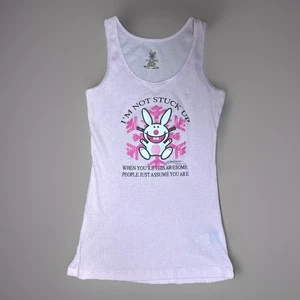 Y2k Happy Bunny Ribbed Tank Top Jim Benton Pink Im Not Stuck Up Awesome 90s M - Picture 1 of 4