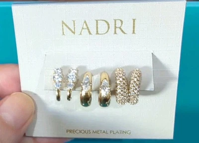 NADRI Triple Hoop Set of 3 Earrings 18KT Gold Plated & CZ Cubic Zirconia VEUC! - Image 1 of 4