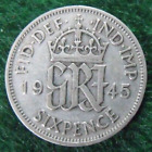 1945 George Vi  Silver Sixpence  ( 50% Silver )  British 6D Coin.   490