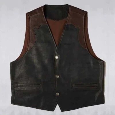 Men's Black Leather Vest Real Waistcoat - Western Cowboy Biker Style Sleeveless - Image 1 of 4