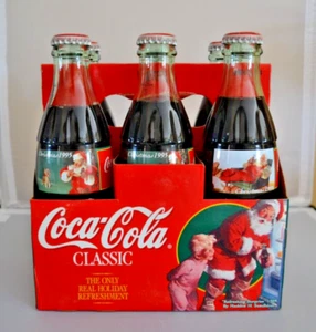 1995 Weihnachten Santa Coca Cola 6er Pack 8 Unzen grüne Glasflaschen gefüllt - VERSIEGELT - Bild 1 von 17