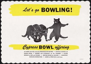 Vintage placemat CYPRESS BOWL OFFERING bowling raccoons Andre Boratko artwork - Picture 1 of 2