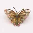 Vintage Schmetterling Pin goldton filigran Brosche bunte Flügelspitzen rosa blau