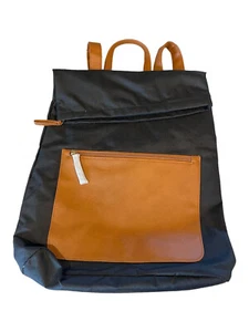 DSW Canvas Backpack Bookbag Fold Over Flap, Zip Closure Tote Large Black & Tan - Picture 1 of 5