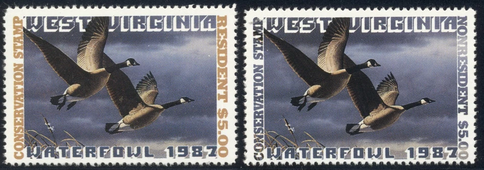 West Virginia 1987 Duck stamps Jaffre resident #1 & non-res #1A; Scott #1 & #2 - Image 1 of 1