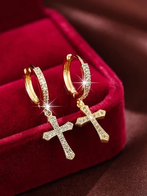 Round Cut Lab Created Diamond Cross Shape Drop Earrings 14k Yellow Gold Plated - Image 1 of 4