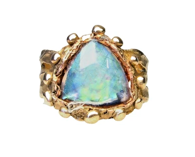 Anel de bronze dourado estilo antigo - Pedra Abalone - Tamanho 11 - Imagem 1 de 4