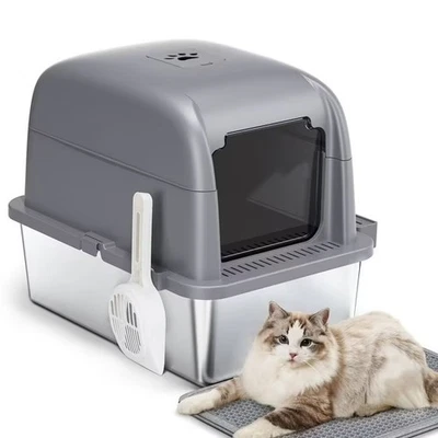 OSOERI Large Stainless Steel Cat Litter Box with Scoop and Mat Set - Odor,