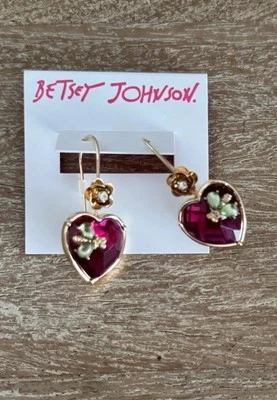 Betsey Johnson Gold Tone & Fuchsia Crystal Heart Drop Earrings Flower & Bug NWT - Image 1 of 4